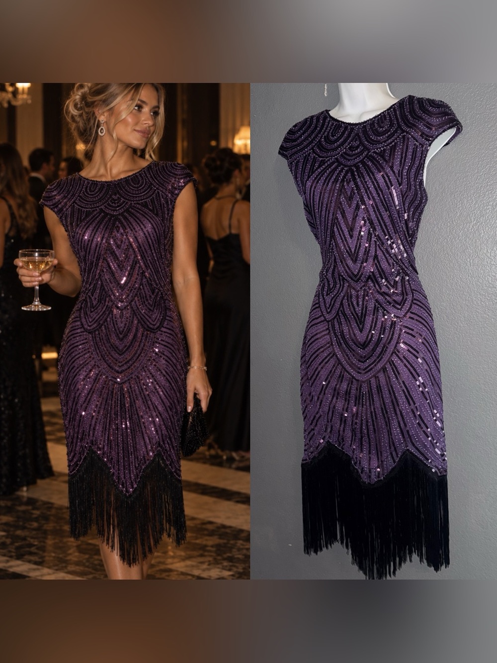 Vintage 1920s Style Women’s Purple Flapper Beaded Fringe Dress size Small